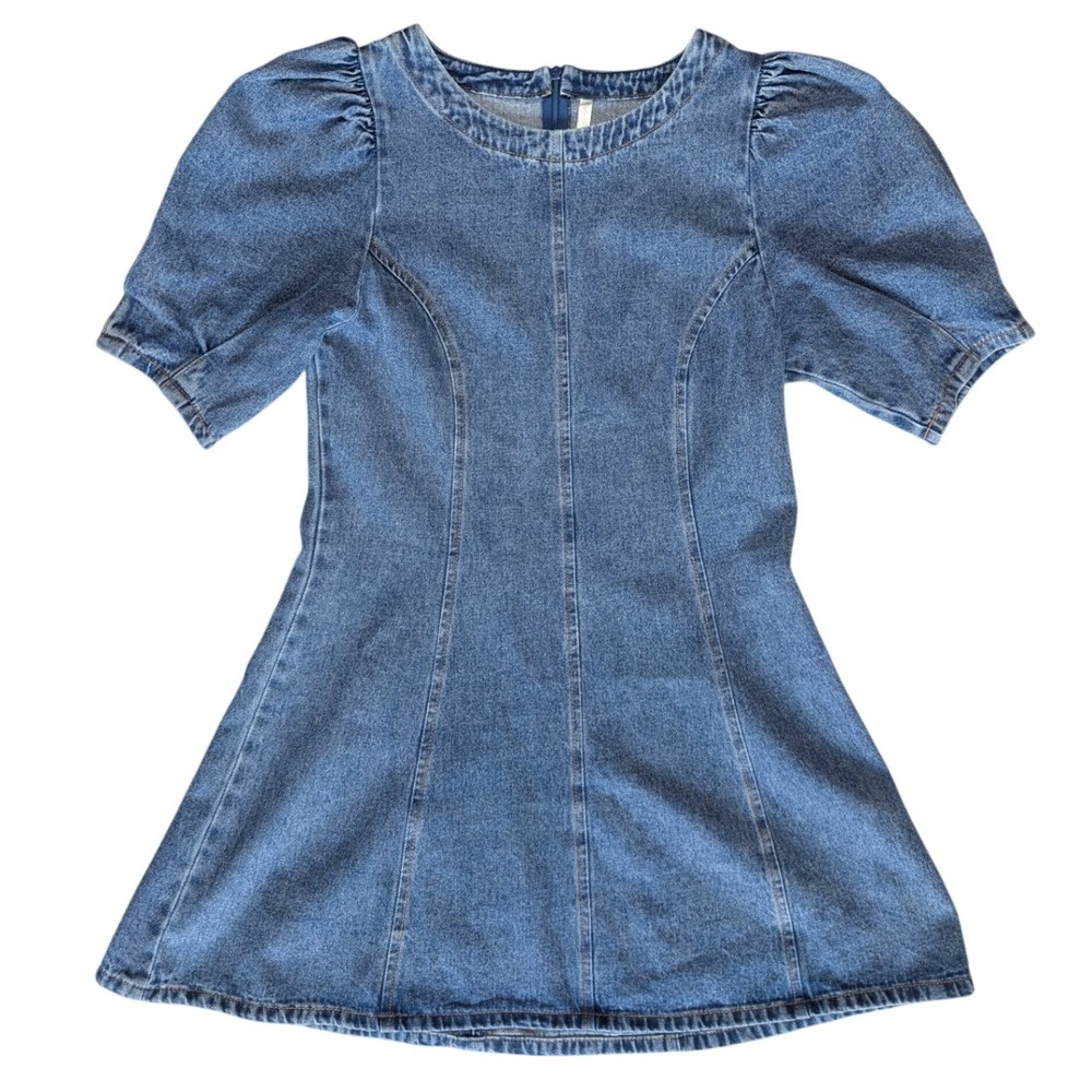 Rylee +Cru Medium Blue 100% Cotton Denim Jean Dress Puff Sleeve Cottagecore